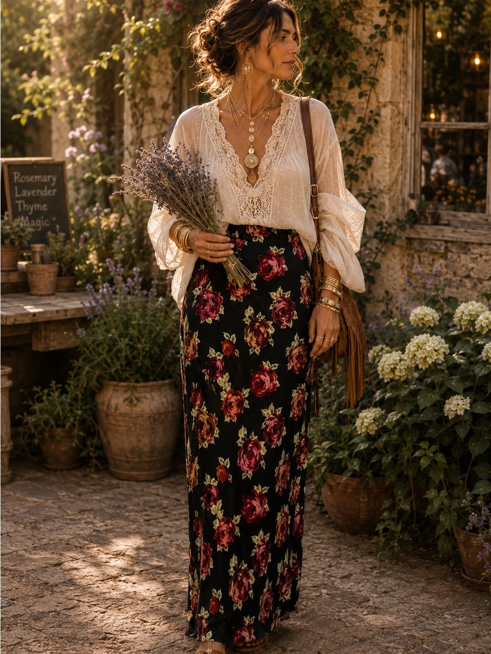 Black Floral Maxi Skirt Rose Print Cottagecore Witchy Skirt Size L